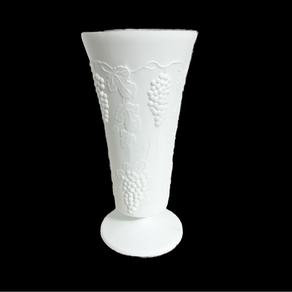 Vintage Embossed White Milk Glass Trumpet Vase Raised Grape And Vine Motif